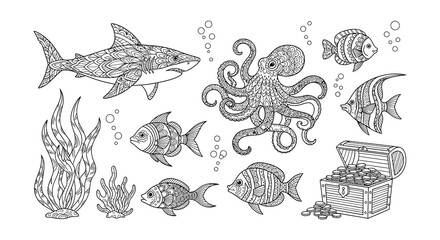 Detailed illustration of marine life including sharks octopus and fish © Begum