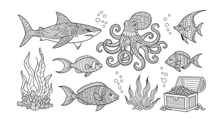 Detailed illustration of marine life including sharks octopus and fish © Begum