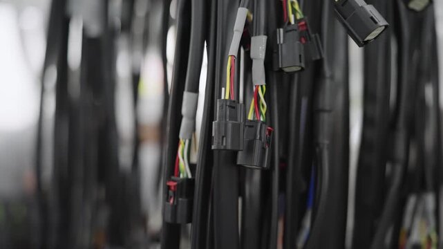Detailed view of cables, wires, and connectors in an industrial production setting