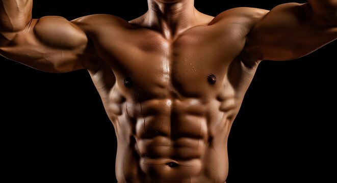 Muscular man flexing his biceps and showing off his abs.