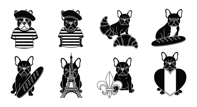 French bulldogs parisian icons and baked goods in a black and white illustration