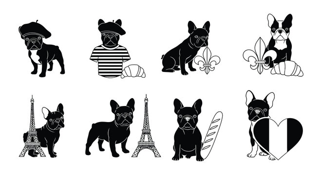 French bulldogs parisian icons and baked goods in a black and white illustration