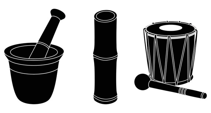Black and white illustration of indian musical instruments