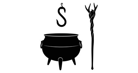A black silhouette of a magic wand and a witch's cauldron © Preetam