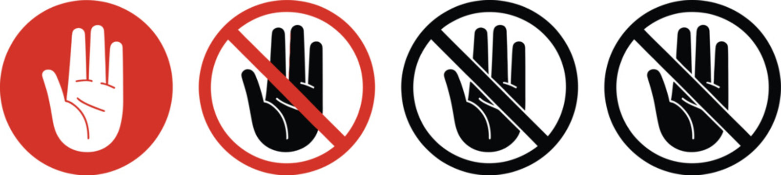 Stop hand icon, red and black vector illustration, warning and prohibition symbol, transparent background, minimal flat vector graphic for design.