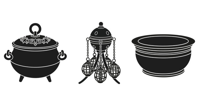 A black and white image of pots and a censer