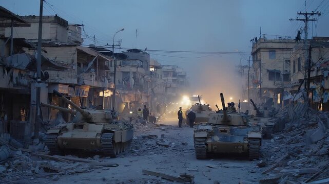 Military Deployment in Ruined Urban Landscape - Armored Vehicles Amidst Destruction and Conflict