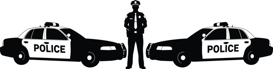 Police officer with patrol cars silhouette law enforcement security concept cop standing between vehicles vector illustration isolated design © Nayan Stock