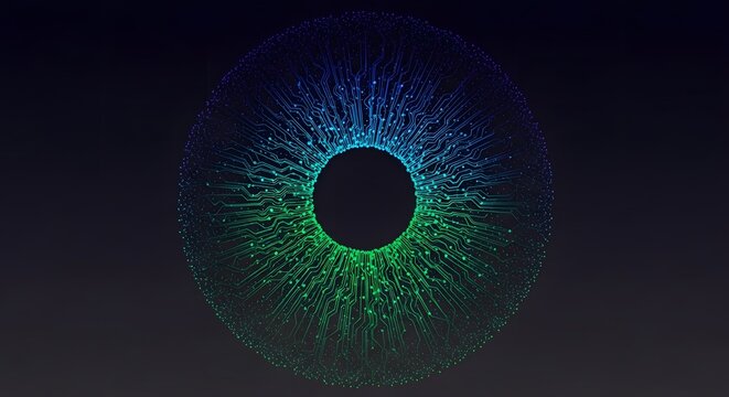 Abstract biometric iris pattern concentric lines micro dots glowing dark gradient eye scanning tech