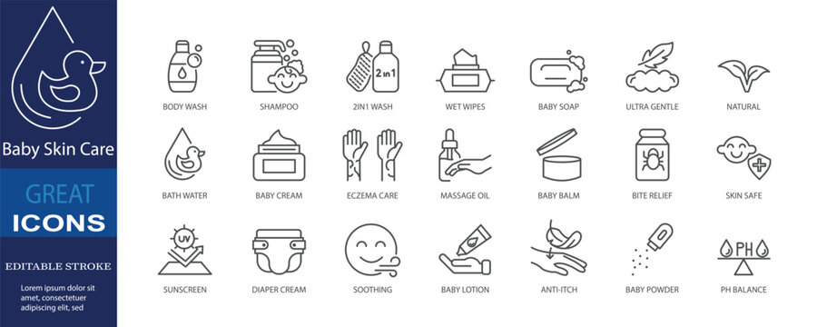 Set of icons for baby skincare. Editable stroke. Vector illustration
