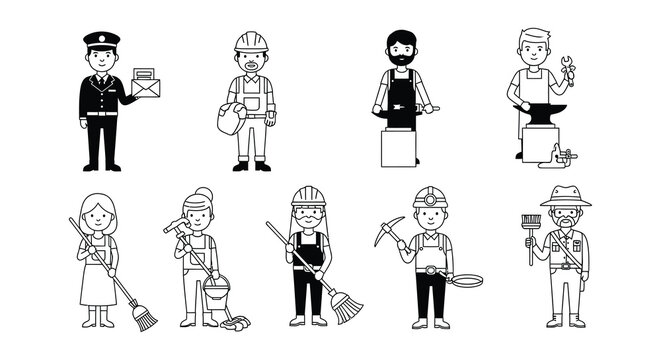 Line art illustration depicting various professions and workers in a group