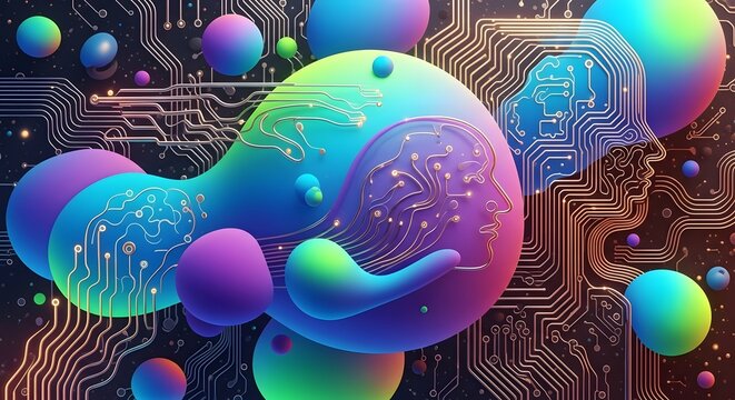 Abstract fluid gradient blobs intersecting circuit lines human centered tech modern aesthetic design