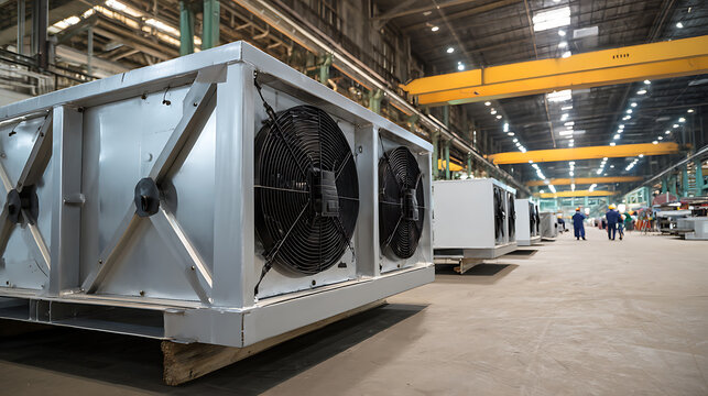 Industrial ventilation units with large fans in a modern factory setting. Manufacturing facility interior with various equipment for cooler or HVAC production