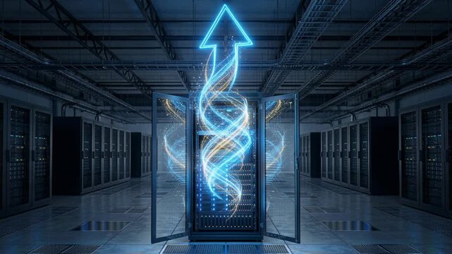 AI data centers rising concept with a glowing blue arrow emerging from an open server rack. Swirling light trails representing fast cloud computing and network upgrades