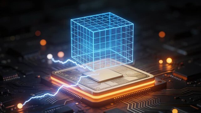 Glowing blue wireframe cube hovering over a microchip on a dark circuit board. Electrical arcs connecting to a futuristic CPU. AI data centers rising concept