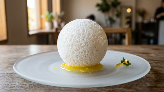 Contemporary molecular gastronomy dessert featuring a white aerated foam sphere with zesty yellow coulis on frosted glass
