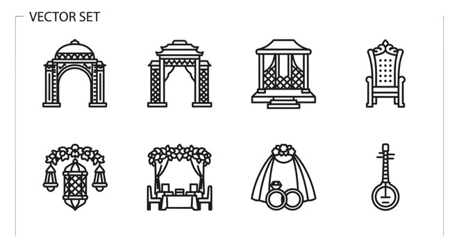 Elegant Vector Set Depicting Wedding Elements, Featuring Intricate Architectural Arches, Royal Throne, Ornamental Decorations, Symbols of Union and Celebration in Detailed Line Art, Perfect 