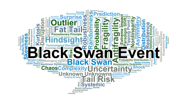 Black Swan Event Word Cloud. A collection of concepts exploring rare outliers, extreme impacts, and the limits of predictability within financial, social, and global systems.