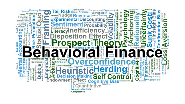Behavioral Finance Word Cloud. A visual summary of psychological biases, market anomalies, and cognitive heuristics that influence investor behavior and modern economic theories.