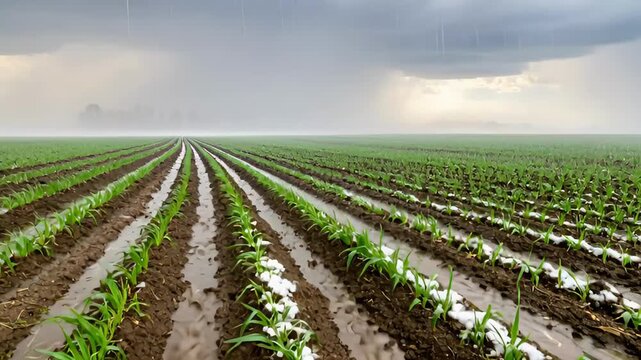Rain pours down on a green field of young crops as hail melts in the furrows under a dramatic, stormy sky. Highlights the vulnerability of agriculture, climate risk, and the impact of severe weather.