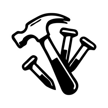 Logo men at work. Icono carpinter&iacute;a. Dibujo sencillo con l&iacute;neas de un martillo con clavos 