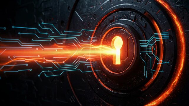 Futuristic digital lock being accessed by a glowing orange energy beam. Cybersecurity and data protection concept with glowing circuit board patterns. 3D animation of a high-tech security system