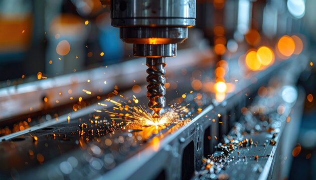 Industrial drilling machine sparks flying, metalworking, precision engineering, factory floor