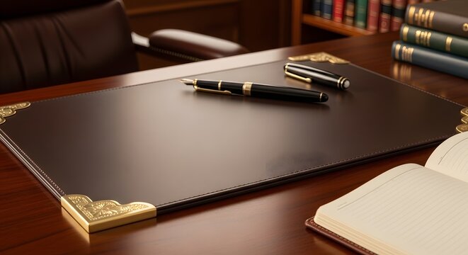 Leather desk blotter pad writing surface brass corners classic office desk organization accessory