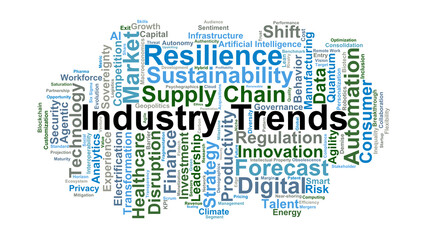 Obraz premium Industry Trends Word Cloud. A Comprehensive Visual Summary of Global Market Shifts, Technological Innovation, Sustainability Metrics, and Strategic Drivers Shaping Modern Business.