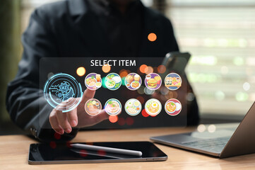 Businessman interacts futuristic holographic food menu interface digital screen selecting meal...