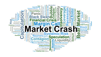 Fototapeta premium Market Crash Word Cloud. A visual analysis of terms related to speculative bubbles, systemic risks, panic selling, and the psychological triggers of sudden global financial downturns.