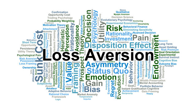 Loss Aversion Word Cloud. A conceptual overview of cognitive biases, prospect theory, and the emotional triggers that cause humans to prioritize avoiding losses over achieving gains.