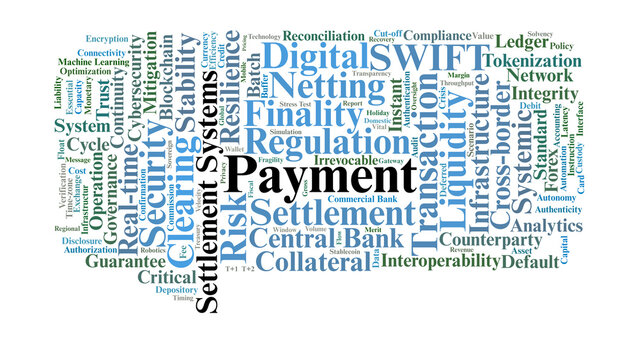 Payment and Settlement Systems Word Cloud. A Professional Visual Summary of Transaction Clearing, RTGS, Financial Messaging, Liquidity Management, and Global Settlement Finality.