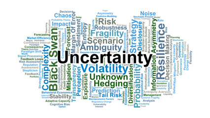 Obraz premium Uncertainty Word Cloud. A conceptual overview of Knightian uncertainty, information asymmetry, and the psychological impact of unknown outcomes in global financial markets.