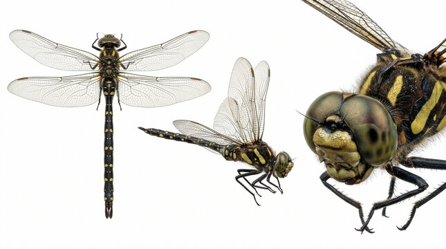 Dragonfly specimen set in macro style. A collection of insect anatomy views, including compound eyes, wings, dorsal view, lateral profile, thorax, abdomen, golden, black