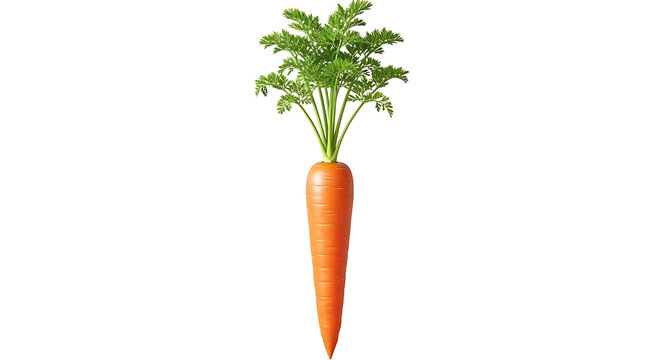 A stylized orange carrot with green leafy tops stands centered on a white background, casting a faint shadow under it, 8k image