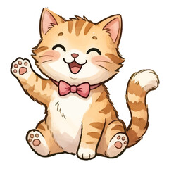 Fototapeta premium A cute cartoon kitten sitting happily with a playful expression and fluffy tail in a fun and simple illustration style