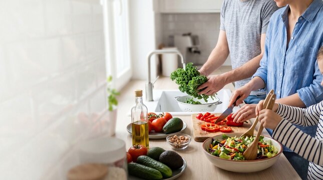 Family cooking healthy salad together in modern kitchen parents and child preparing fresh vegetables organic food lifestyle teamwork wellness home meal nutrition happiness togetherness daily routine