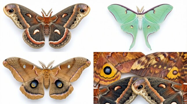Giant Silk Moth Specimen Set in Macro Style. A collection of Saturniidae moth images, including Cecropia, Luna, Polyphemus, wings, eyespots, green, brown, orange, and more. High resolution.