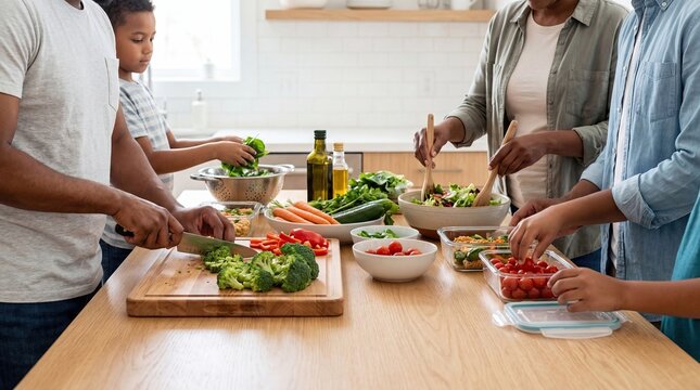 African American family cooking healthy organic salad together in modern kitchen multiracial parents and kids preparing fresh vegetables meal prep nutrition togetherness wellness home life