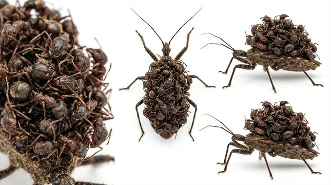 Assassin bug macro photography in studio style. A collection of insect close-ups, including camouflage, predator, prey, exoskeleton, chitin, nature, biology, evolution, shield