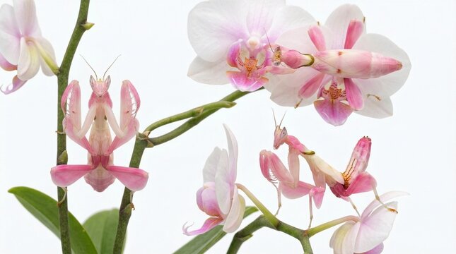 Orchid Mantis Composite in Macro Style. A collection of exotic insects, including Hymenopus coronatus, pink floral mimicry, camouflage, predatory bug, tropical nature
