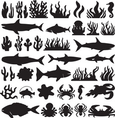 Fototapeta premium Underwater marine life silhouettes collection featuring fish sharks sea creatures and coral reef elements