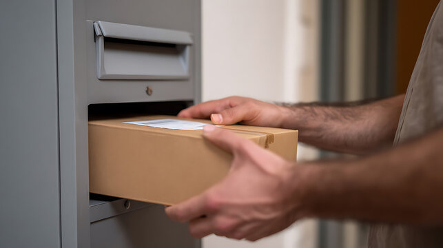 Unrecognizable Person Retrieving and Inserting a Brown Cardboard Package from a Gray Parcel Locker at Home or a Business Location