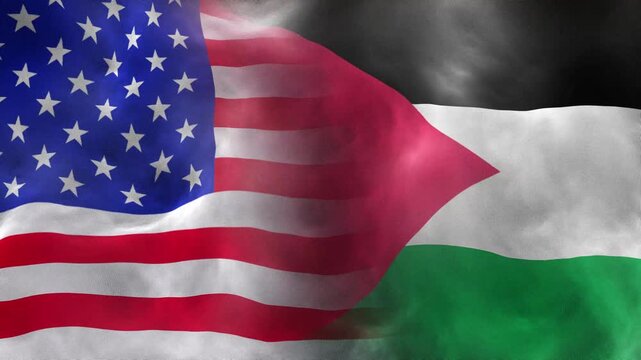 Comparison of United States and Palestine National Flags Waving in Slow Motion. USA vs Palestine Geopolitical Concept with Two National Flags Waving Seamlessly. 
