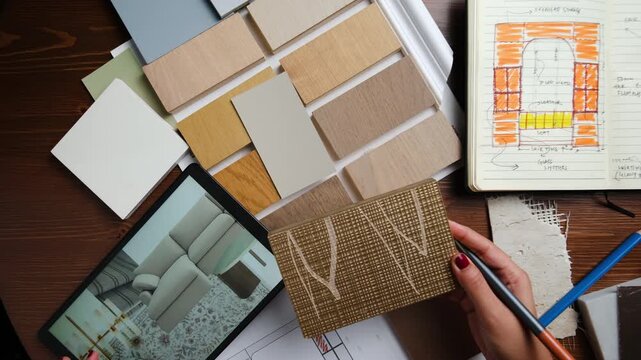 Designer team works on remodeling project using architectural software on PC to configure room layouts, Program allows to drag and drop elements or assets, adjusting virtual furniture
