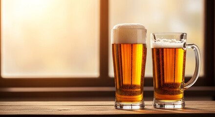 Two glasses of beer on a wooden table by a window with natural light