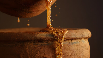 Obraz premium Golden palm sap pouring into clay pot close up rich texture and warm mood capturing sticky liquid flow and earthenware surface