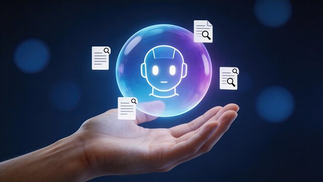 Hand holding glowing orb with AI robot face and document icons artificial intelligence concept future technology digital assistant automation machine learning virtual support smart search