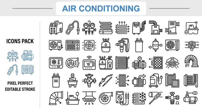 Air Conditioning & HVAC Icon Set Pack &mdash; AC Units, Thermostats, Ventilation, Cooling Systems, Indoor Climate Control, Pixel Perfect Editable Vector